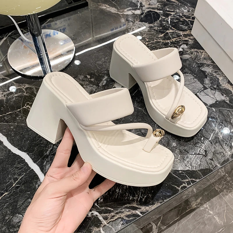 High -heeled Women's Sandals 2024 Summer New Fashion Versatile Toe Thick Bottom Non -slip Leisure High Heel Tide Sandy Slippers