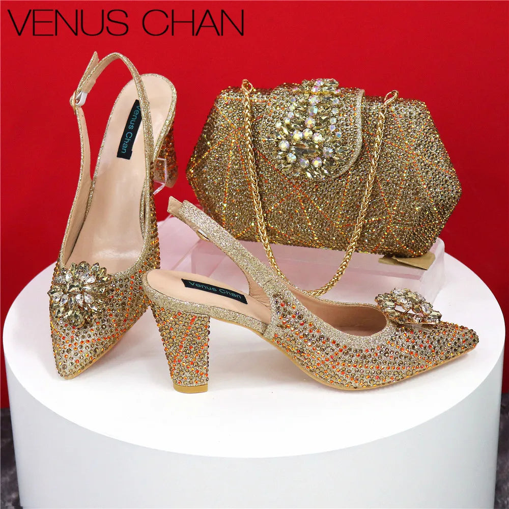 High Quality Designer Shoes and Bags Matching Set Decorate with Rhinestone Women Shoes High Heel Luxury Shoes Women Designer