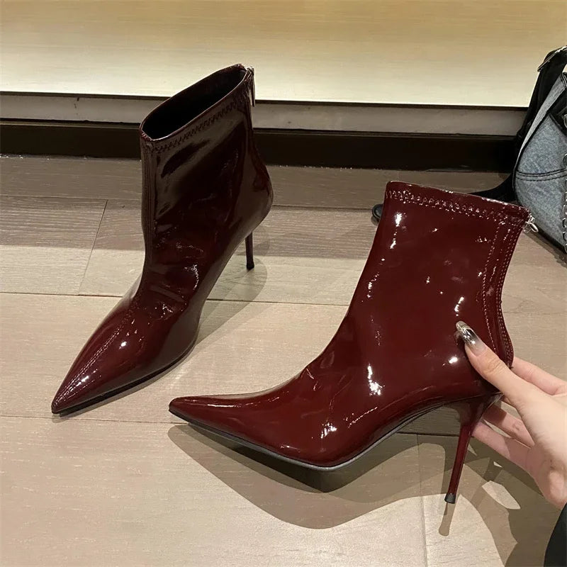 Eilyken Street Style Thin High Heels Ankle Boots Women Patent Leather Autumn Winter Zipper Shoes Sexy Banquet Prom Pumps
