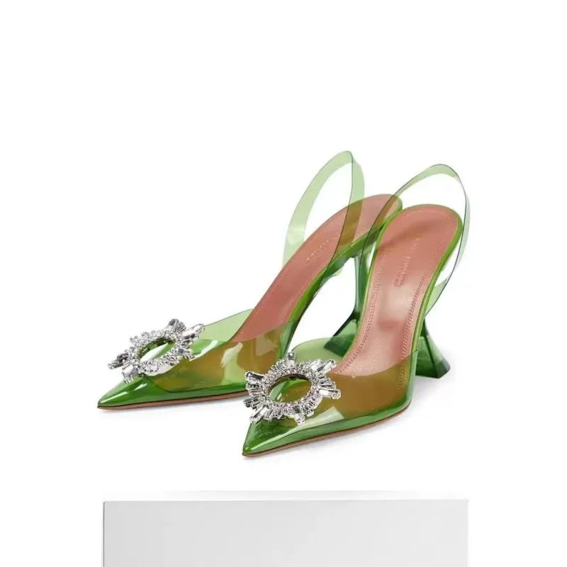 French Crystal High Heels Women's 2022 Summer New Rhinestone Sun Buckle Pointed Baotou Transparent Thin Heel Sandals