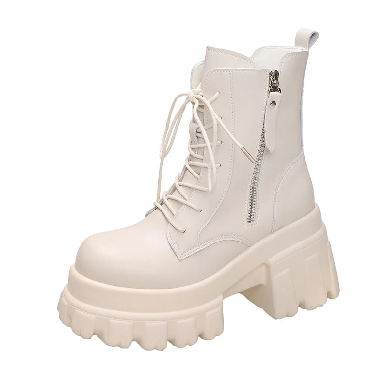 Women High Platform Ankle Boots 2023 Winter Thick Sole Motorcycle Boots 9.5CM Heels Chunky Metal Short Leather Sneakers Woman