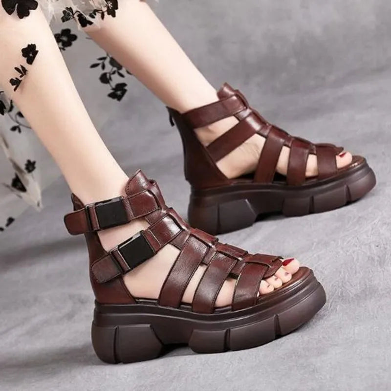 Chaussures rétro en cuir PU véritable faites à la main pour femmes, sandales 2022, nouvelles bottines d'été, sandales à plateforme décontractées ajourées faites à la main