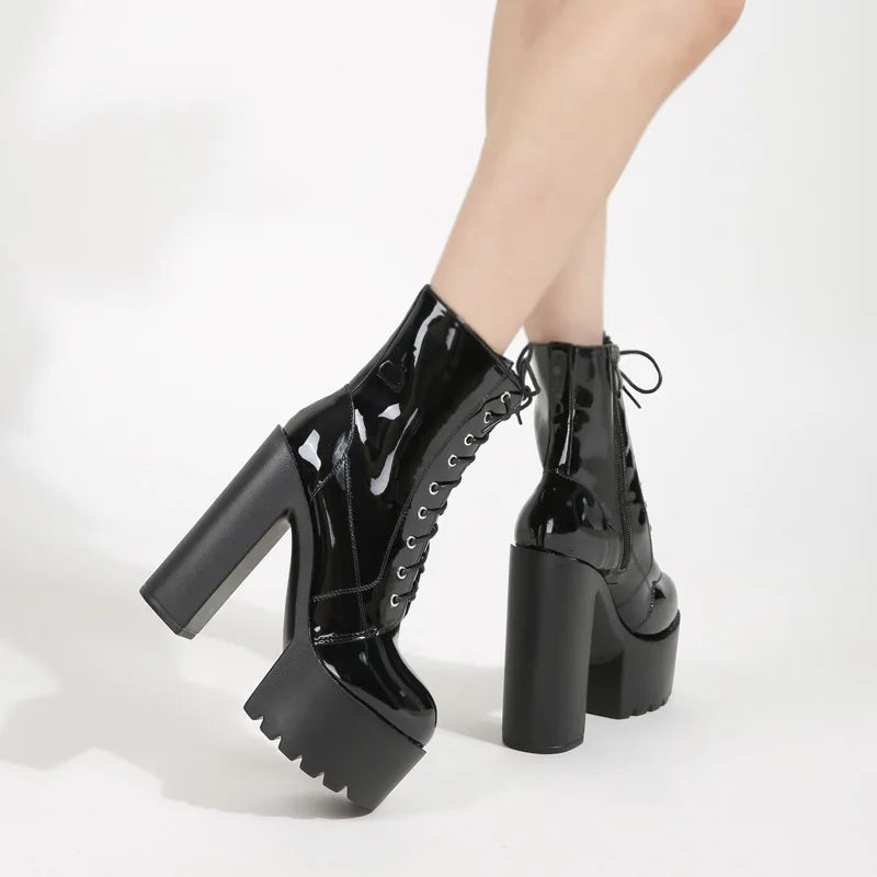 Ankle Boots Round Toe Block High Heel 14cm Platform Zipper Lace Up Plus Size 35-43 Party Booty Solid Platform Boots Ladies Shoes