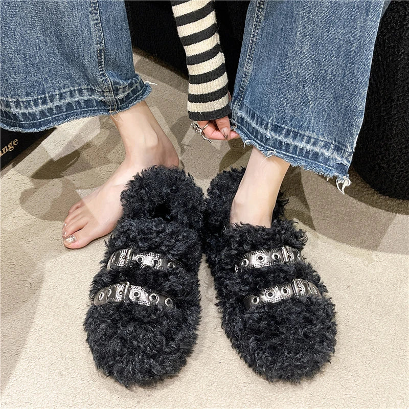 Women Shoes Autumn Slip-on Loafers Fur Female Footwear Casual Sneaker Square Toe Shallow Mouth Fall Slip on Winter Dress White