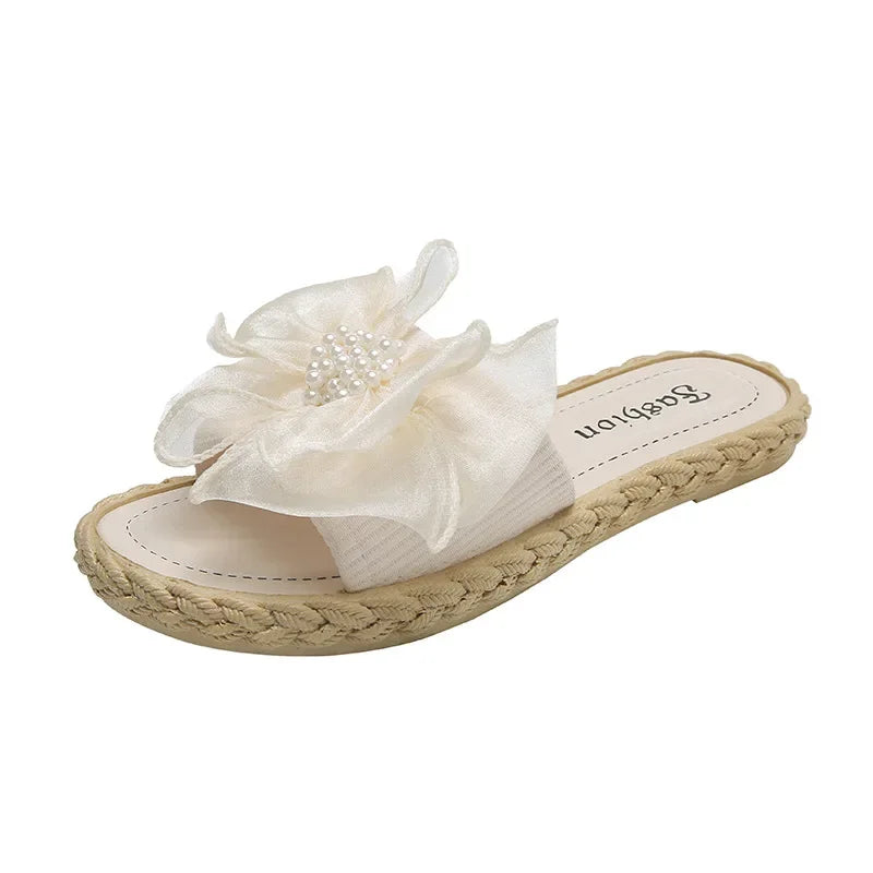 Women Summer Slippers Online Celebrity Slippers Ins New Joker Korean Fairy Wind Mesh Bow Word Drag Breathable Wear-resistant