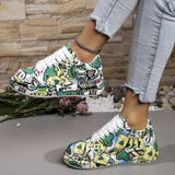 Women's Casual Sneakers 2024 Fashion New Painted Graffiti Lace Up Sports Shoes for Women Flat Pu Leather Ladies Running Shoes