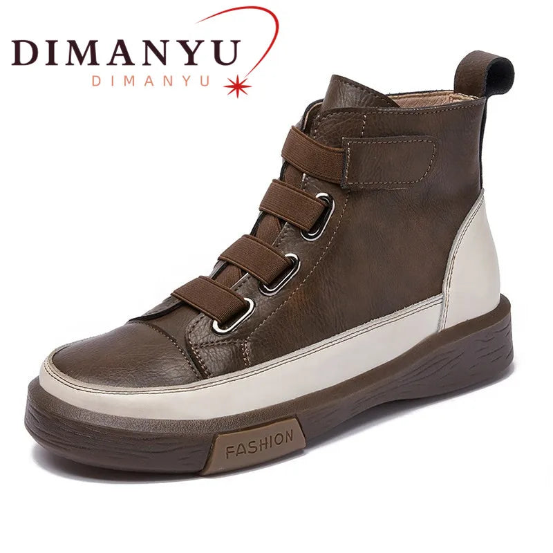 DIMANYU Women Winter Shoes Boots Flat Genuine Leather Retro Front Tie British Style Ladies Boots Trend Girl Student