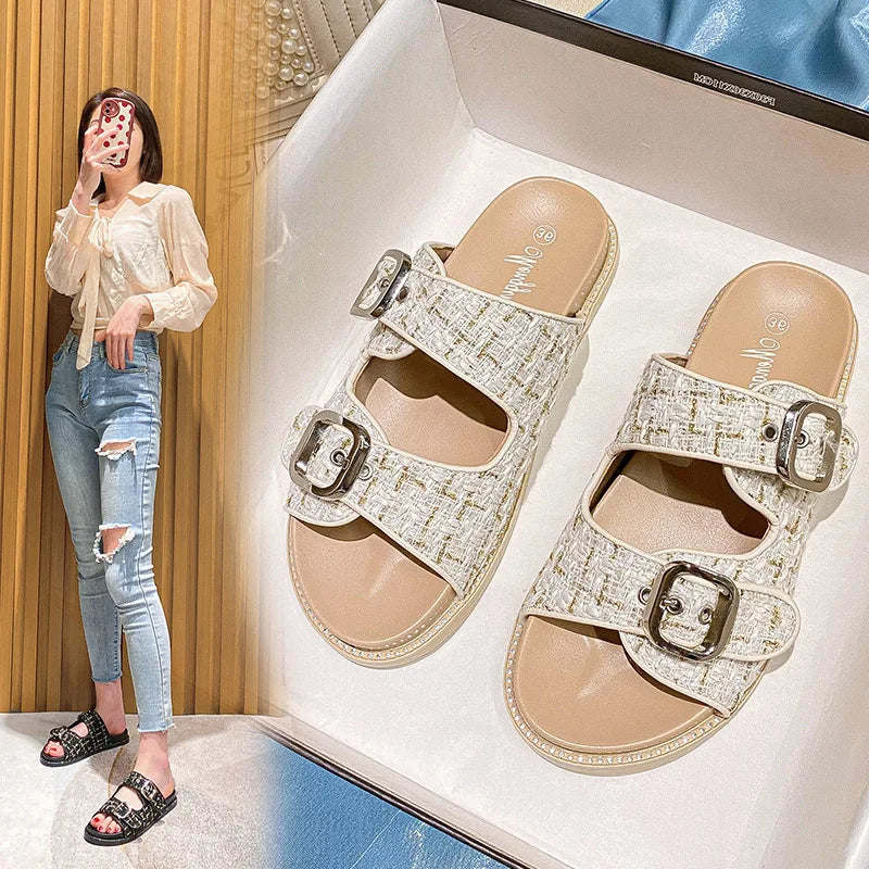 2023 pantoufles à boucle en cristal strass femmes marque design cristal double tongs femme plateforme diapositives sandales grande taille 43