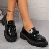Lucyever Plateau-Loafer mit Kettenakzenten für Damen, Übergröße 42, Schlupfschuhe aus Lackleder, bequeme Damenschuhe mit runder Zehenpartie, adrette Schuhe