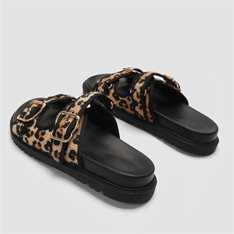 Summer Women Slippers Leopard Print Sandals Thick Sole Platform Shoes Woman 2025 Trend Buckles Ladies Beach Slides Big Size 43