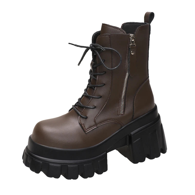 Women High Platform Ankle Boots 2023 Winter Thick Sole Motorcycle Boots 9.5CM Heels Chunky Metal Short Leather Sneakers Woman