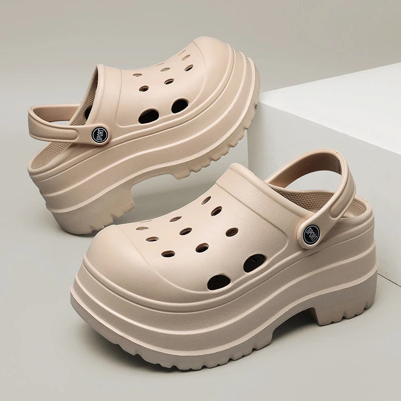9cm Chunky Platform Clogs Sandals Women 2024 New Beach Hollow Out Sandals Shoes Woman Summer Closed Toe Wedge Heels Slippers