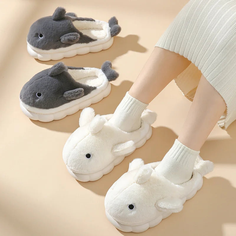 Cute Whale Cotton Home Slippers For Female 2023 Winter Couple Indoor Household  Shark Thick Sole Men's Winter Cartoon Slippers