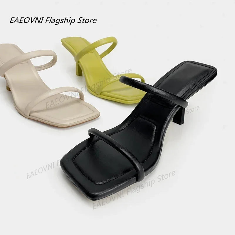 Women Summer Medium Heel Slippers Square Toe Heeled Slippers Casual Leather Stiletto Luxury Brand Shoe Fashion 2024 New Roman