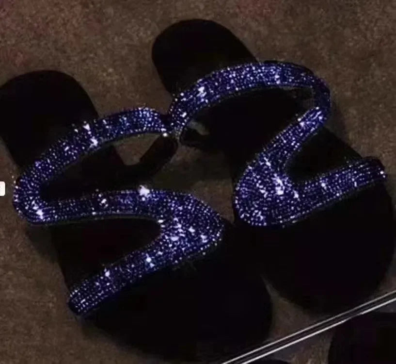 Sexy Women Summer Flat Slippers Rhinestone Shoe Open Toe Roman Beach Sandal ladies Flip Flops Black Non-slip Slides size 35-43