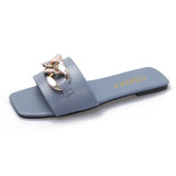 2022 New Fashion Women's Slippers Square Toe Chain Slippers Flat Slide Sandals Beach Flip Flops Metal Decoration Casual Shoes
