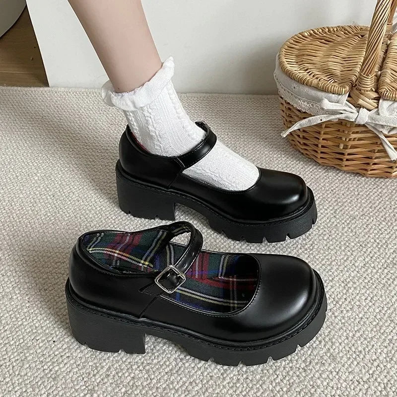 Shoes Ladies 2024 Spring New Fashion Brand Mary Janes Shoes Women Classics Office Buckle Strap Platform Square Heel Women Pumps