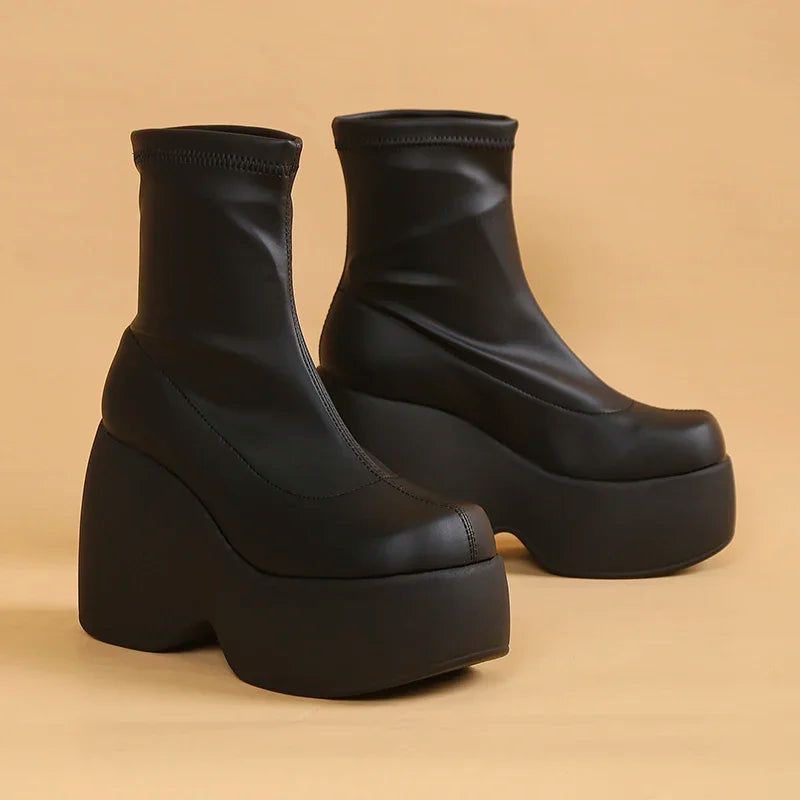 12CM High Heel Short  Boot for Womens Sexy Chunky Platform Soft Leather Ankle Boots Walking Comfy Matsuke Sole Punk Shoes