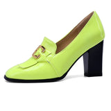 ASILETO 2022 Women Pumps Square Toe Block Heel Slip-on Shallow Metal Decoration Large Size 32-50 Office Lady Black Green S3957