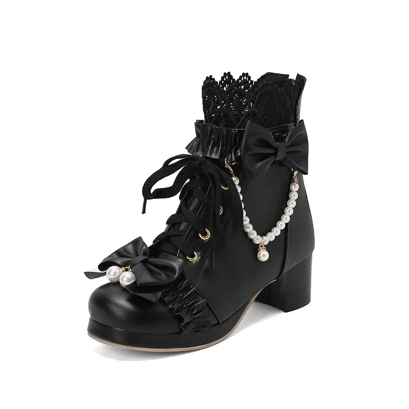 2023 new autumn winter Women ankle boots plus size 22-28CM pu upper modern boots lace Pearl Chain Bow Lolita thick heel boots