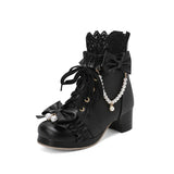 2023 new autumn winter Women ankle boots plus size 22-28CM pu upper modern boots lace Pearl Chain Bow Lolita thick heel boots