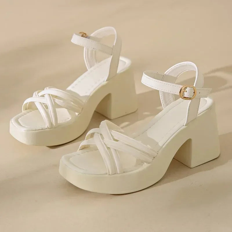 2024 New Fashion Summer Open  Round Toe  Bottom Buckle Shallow Mouth Casual Thick High Heel Large Women's Sandals 35-42