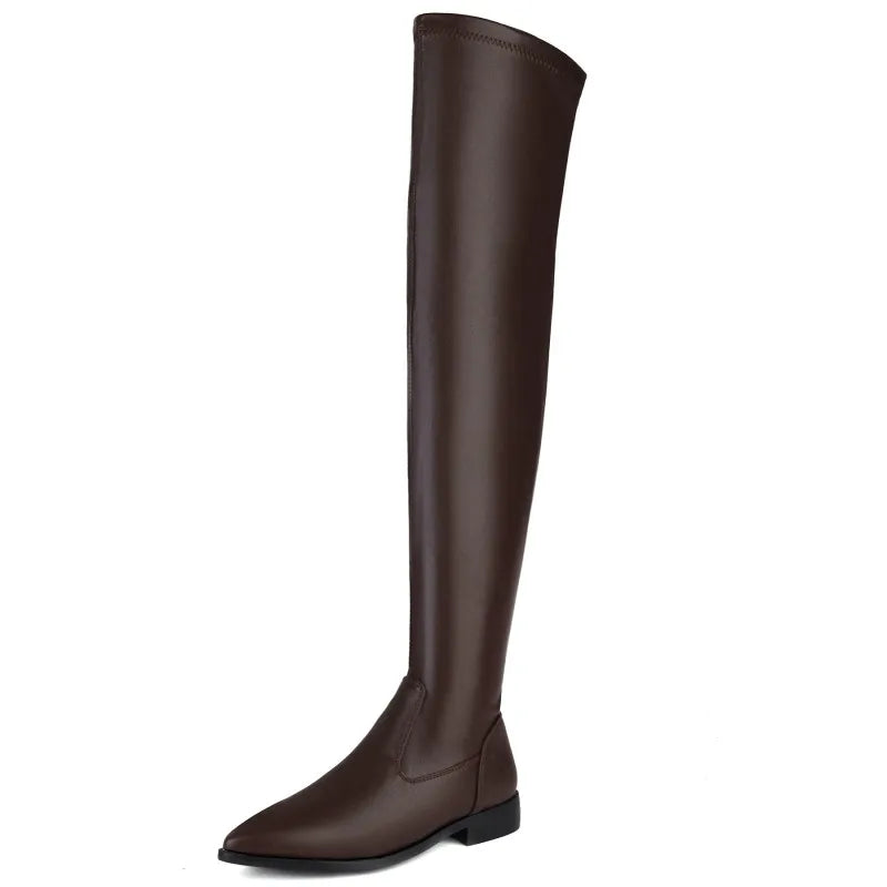 Elastic Thigh High Boots Women Soft Stretch Black Beige Over the Knee Boot Low Heels 2024 Autumn Winter Shoes Lady Large Size 48