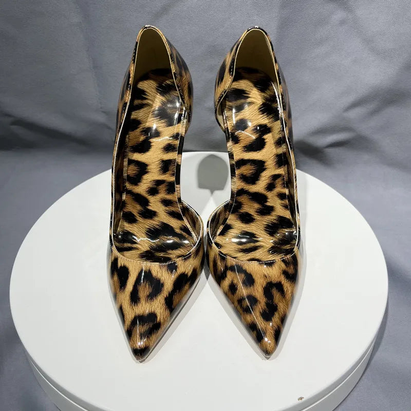D'Orsay & Two-Piece  All for Leopard Patent Leather Women Pumps 12cm Stiletto High Heels Slip On Party Sexy Shoes Women 44 45