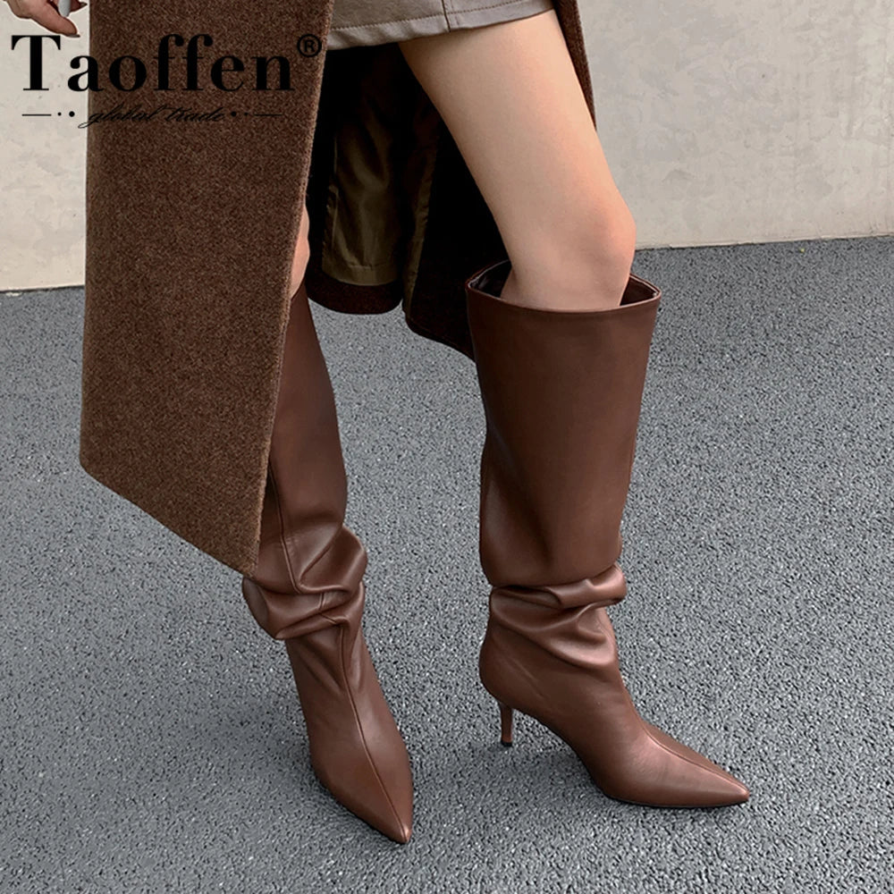 Taoffen Long Boots For Women Pleated Design Sexy Pointed Toe Thin High Heel Wide Calf Boots Fashion Autumn Winter Boots Handmade