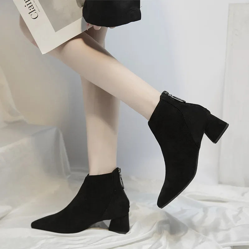 2023Ankle Boots for Women  Autumn Pointed Toe Zipper Chunky Low Heel Short Boot Fashion Female Casual Shoes Botas De Mujer