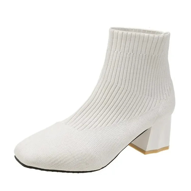 Stretch  Sock Boots For Women Shoes Square Heel Yellow Knitting shoes Elastic Cottton Boots Lady Footwear