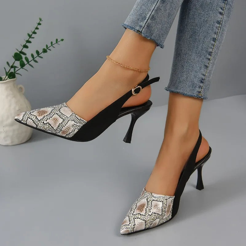 2024 Women's Summer New Fashion Pointed Toe Retro Color Block High Heels Daily Casual Comfortable Office Ladies Sandals Zapatos