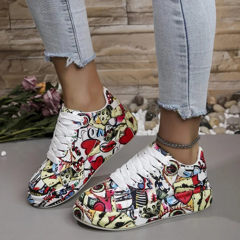Women's Casual Sneakers 2024 Fashion New Painted Graffiti Lace Up Sports Shoes for Women Flat Pu Leather Ladies Running Shoes