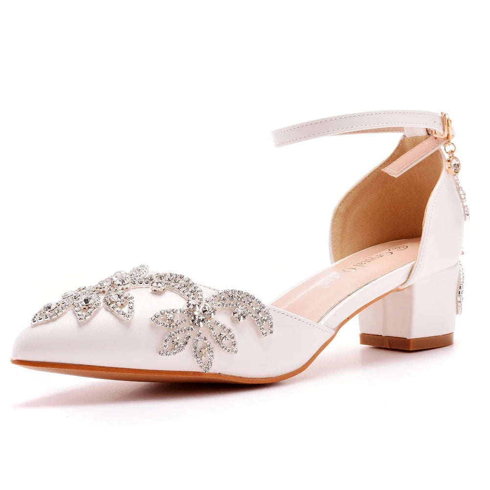 Crystal Queen Women 4CM 7CM 10CM Thick High Heels Sexy Pumps White Luxury Rhinestone Wedding Bride Shoes Pointed Toe Sandals