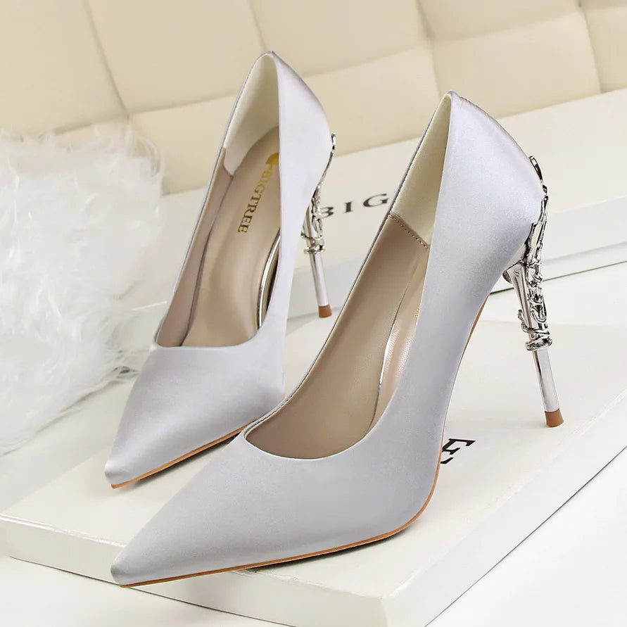 Woman 10cm High Heels Metal Heels Satin Silk Dress Fashion Pumps Lady Wedding Bridal Scarpin Catwalk Orange Green Wine Red Shoes