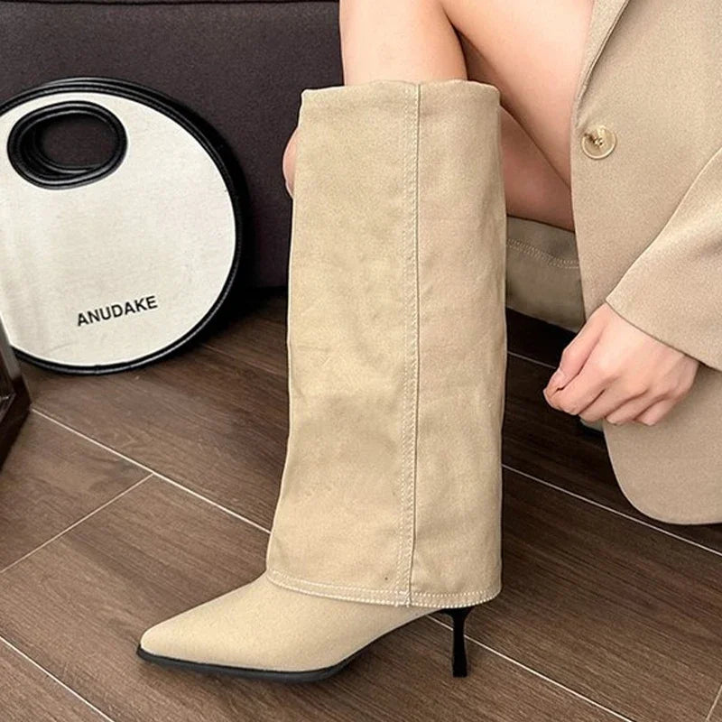 Bottes hautes en cuir épais pour femmes, chaussures à talons hauts et bout pointu, bottes Chelsea tendance, nouvelles escarpins, style gladiateur de neige