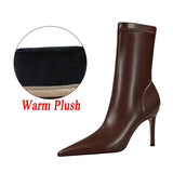 Bottes en cuir à talons hauts pour femmes, 7,5 cm, 10 cm, bottines courtes à talons bas, chaussures d'hiver chaudes et pointues en peluche