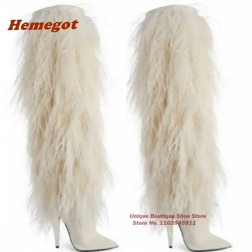 Bottes noires fourrées jusqu'aux genoux, bout pointu, talons aiguilles, bottes longues pour femmes, hiver 2024, chaussures décontractées et luxueuses