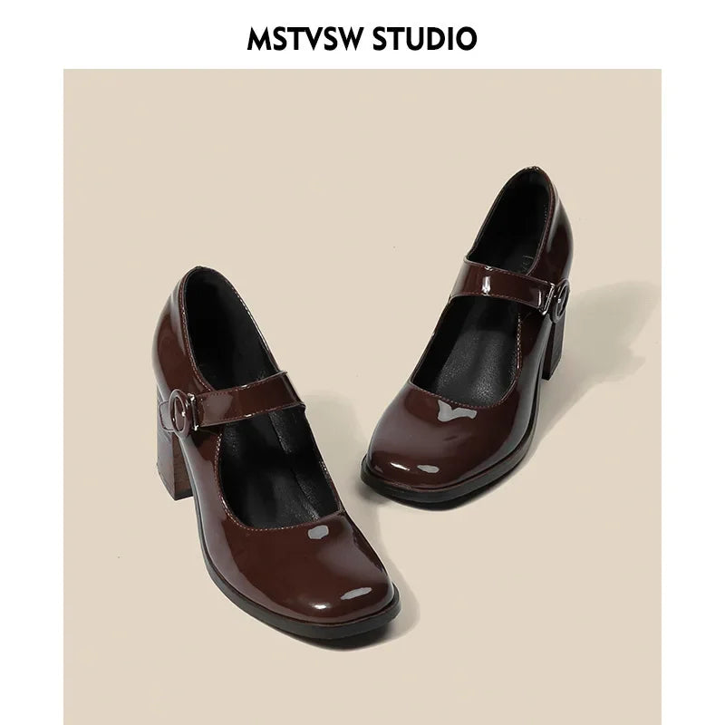 2023Mary Jane Shoes Women Retro British Style Hepburn Black High Heel One Word Buckle Thick Heel Square Head Single Shoes Women