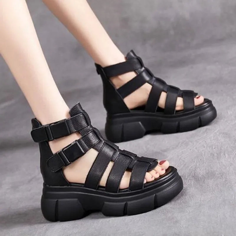 Chaussures rétro en cuir PU véritable faites à la main pour femmes, sandales 2022, nouvelles bottines d'été, sandales à plateforme décontractées ajourées faites à la main