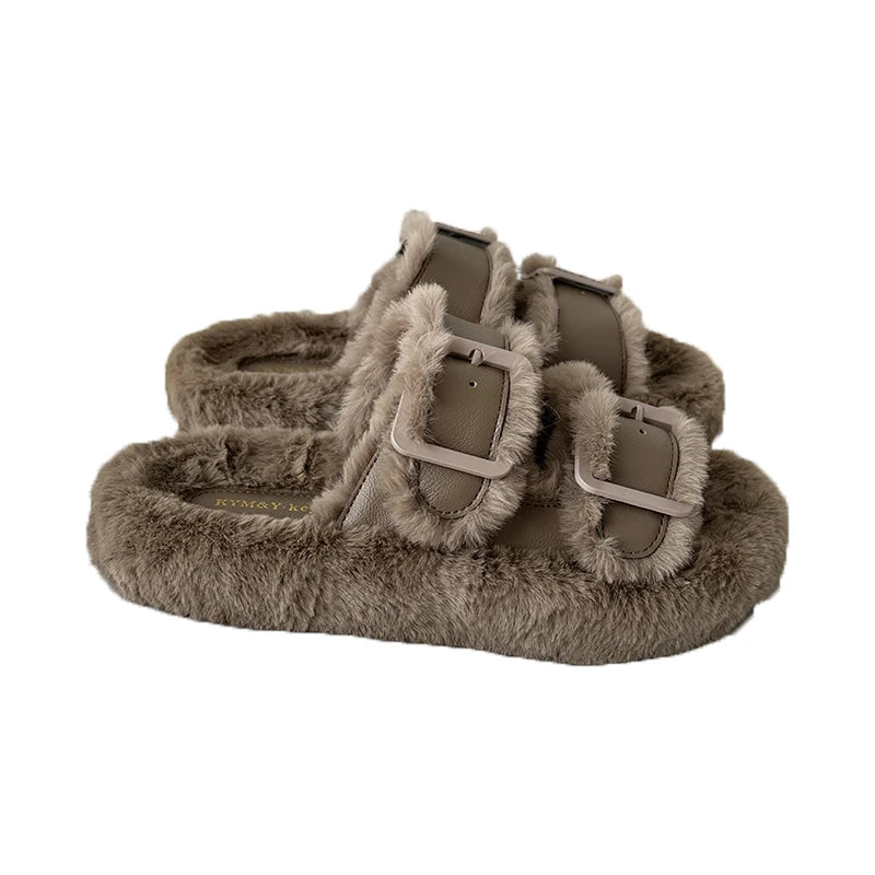 Med Shoes Womens Slippers Outdoor Slides Pantofle Flock Platform Fur Flip Flops 2024 Flat Plush Autumn Fabric Rome Shoes House S