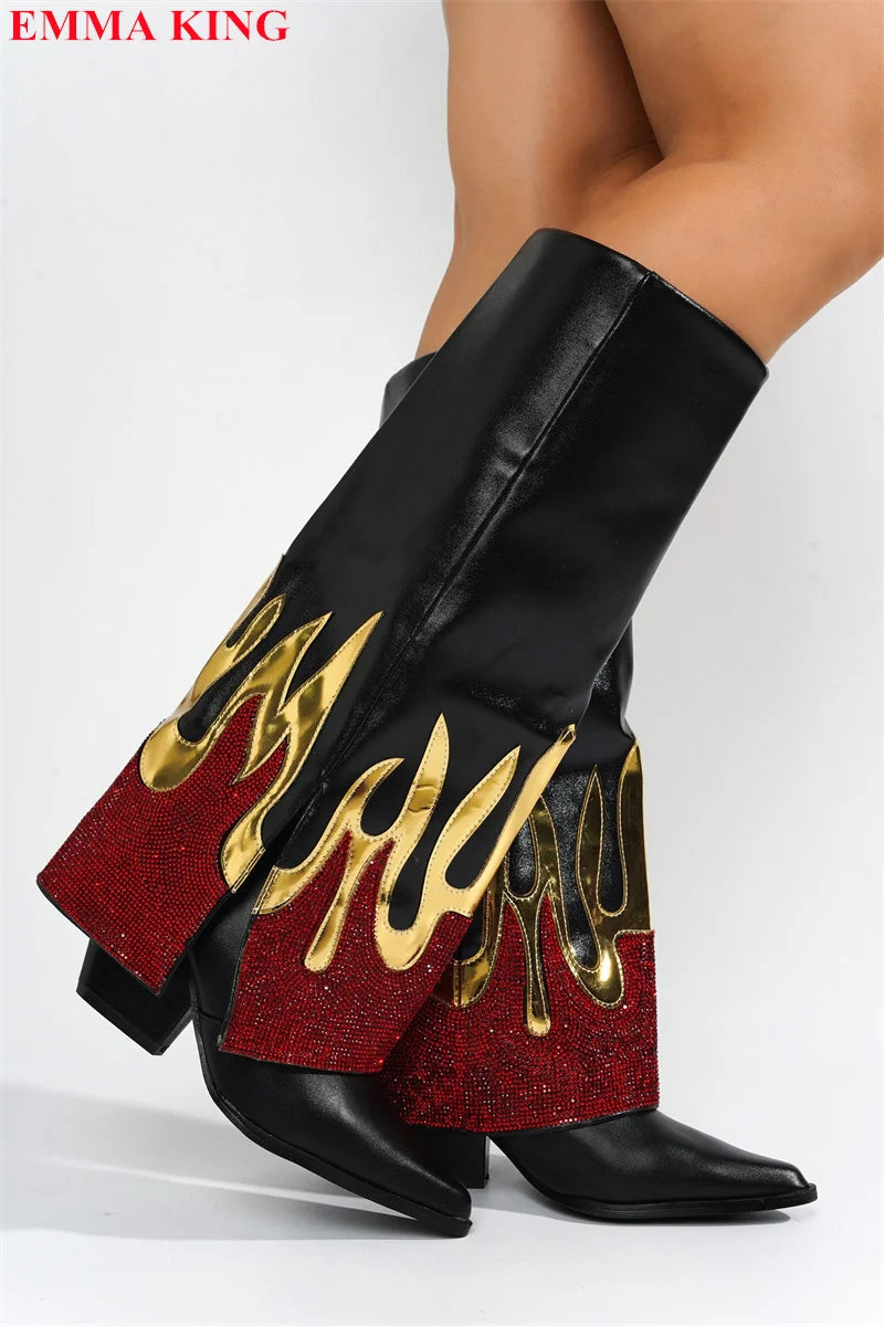 Flame Rhinestone Knee High Boots for Women 2023 Autumn Thick Heeled Pointed Toe Cowboy Boots Woman Slip On Western Long Boots