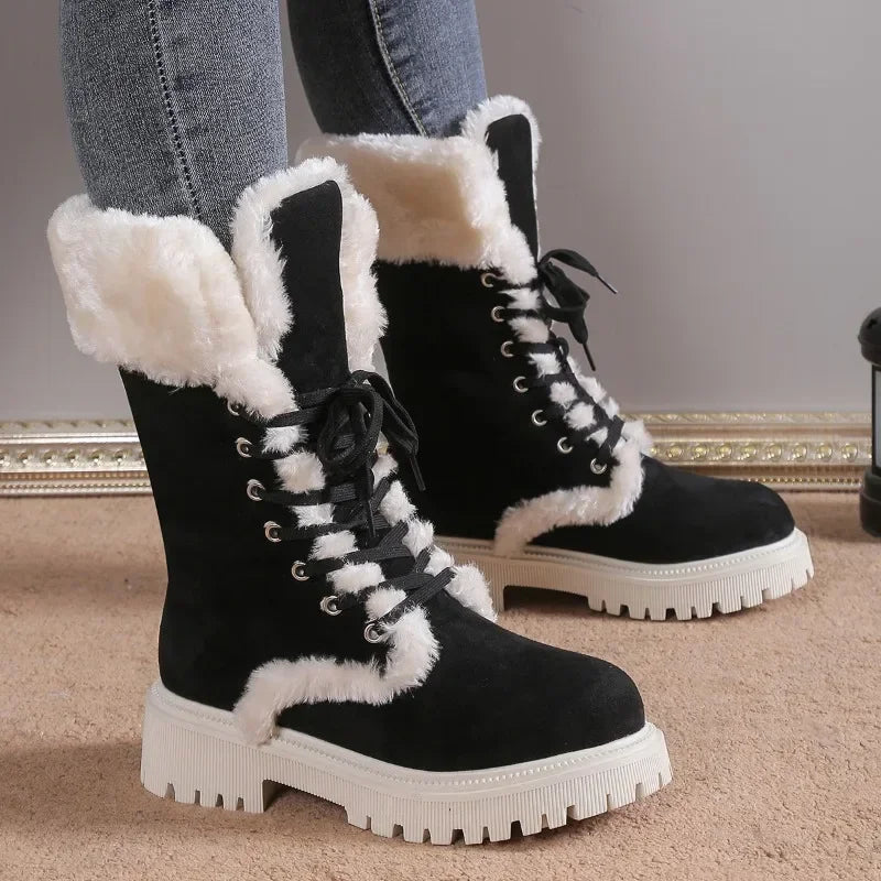 Thicken Plush Women's Winter Snow Boots 2023 Fur Platform Boots Woman Mid-calf Lace-up Snow Boots for Women Warm Cotton Shoes