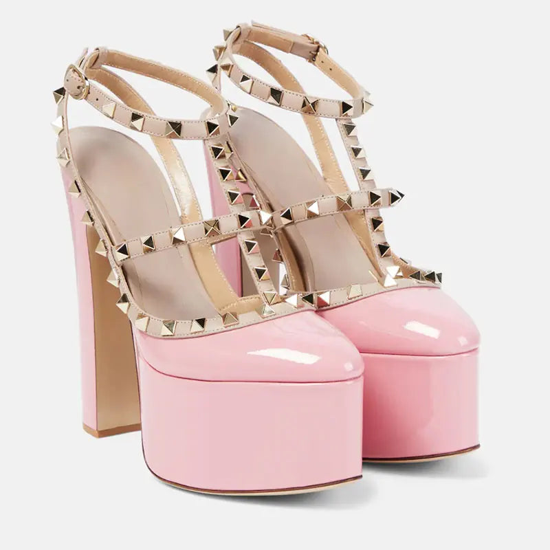 Women's new round head shallow mouth thin belt decorative waterproof platform super high thick heel rivet sexy Mary Jane single