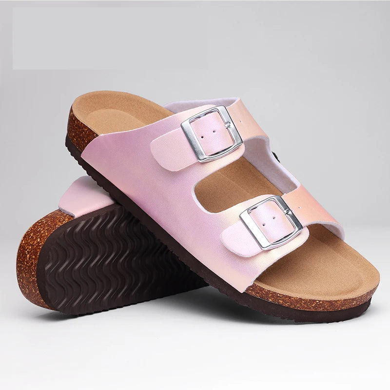 Kidmi Women Clogs Slippers Summer Clogs Flat Sandals Cork Mules Beach Slides With Double Buckle 2024 Outdoor Women Flat Sandals