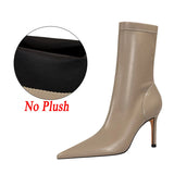 Bottes en cuir à talons hauts pour femmes, 7,5 cm, 10 cm, bottines courtes à talons bas, chaussures d'hiver chaudes et pointues en peluche