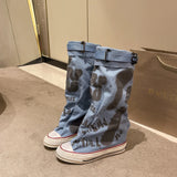 Designer Long Boots Women Cowboy Canvas Shoes Pleats Stacking Boots for Women Autumn and Winter Vintage Graffiti Ladies Boots