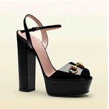 Platforms Summer Sandals 2022 for Women Chunky High Heel Party Dress Shoes Black Patent Leather Ankle Strap Large Size Heels
