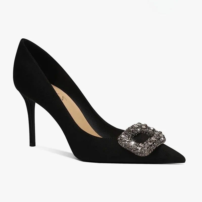 2024 Women's Summer New Luxury Crystal Square Buckle Design Sexy Pointed Stilettos Elegant Banquet Dress Party Shoes Plus Size