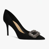 2024 Women's Summer New Luxury Crystal Square Buckle Design Sexy Pointed Stilettos Elegant Banquet Dress Party Shoes Plus Size